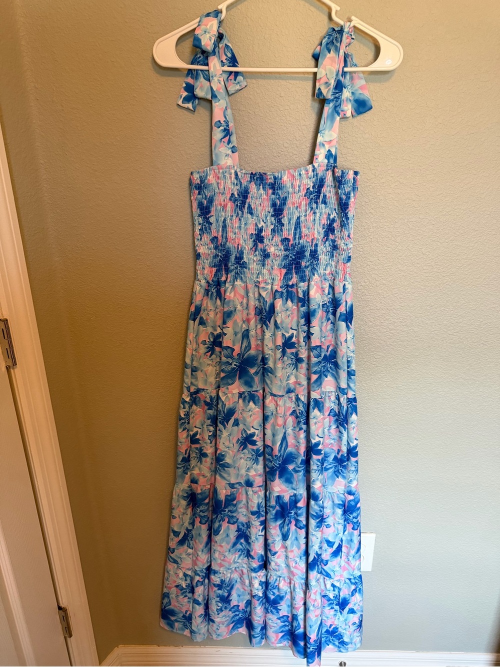 Amazon Blue and Pink Floral Smocked Tie-Shoulder Maxi Dress